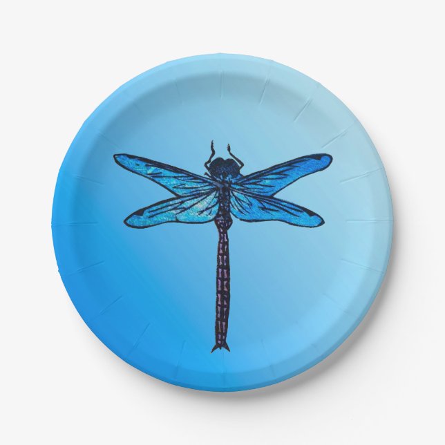 Vintage Japanese Dragonfly, sapphire blue Paper Plate (Front)