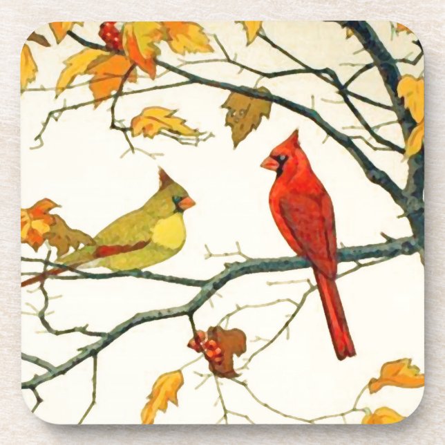 Vintage Japanese drawing, Cardinals on a branch Coaster (Front)