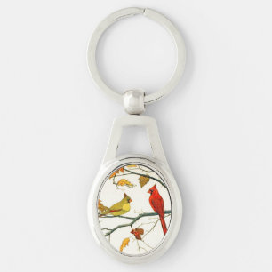 Vintage Japanese drawing, Cardinals on a branch Key Ring