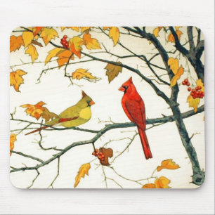 Vintage Japanese drawing, Cardinals on a branch Mouse Mat