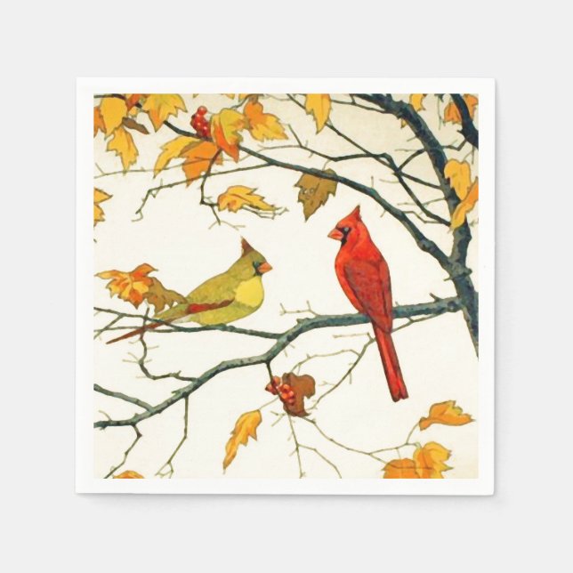 Vintage Japanese drawing, Cardinals on a branch Napkin (Front)
