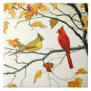 Vintage Japanese drawing, Cardinals on a branch Tile