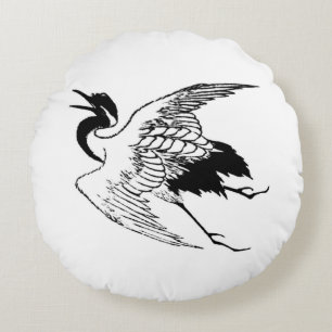 Vintage Japanese Drawing of a Crane, Black & White Round Cushion