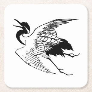 Vintage Japanese Drawing of a Crane, Black & White Square Paper Coaster