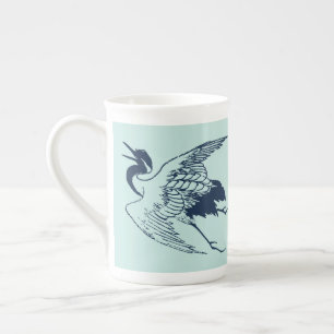 Vintage Japanese Drawing of a Crane, Blue Bone China Mug