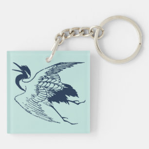 Vintage Japanese Drawing of a Crane, Blue Key Ring
