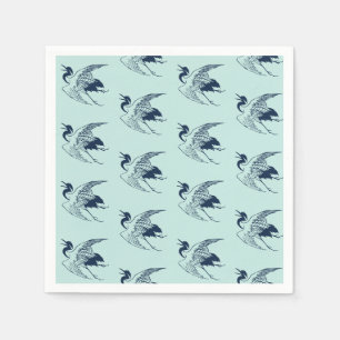 Vintage Japanese Drawing of a Crane, Blue Napkin