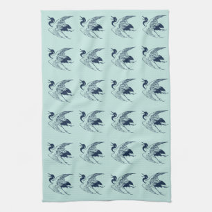 Vintage Japanese Drawing of a Crane, Blue Tea Towel