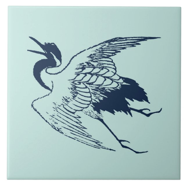 Vintage Japanese Drawing of a Crane, Blue Tile (Front)