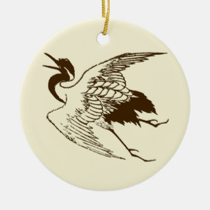 Vintage Japanese Drawing of a Crane, Brown Ceramic Tree Decoration