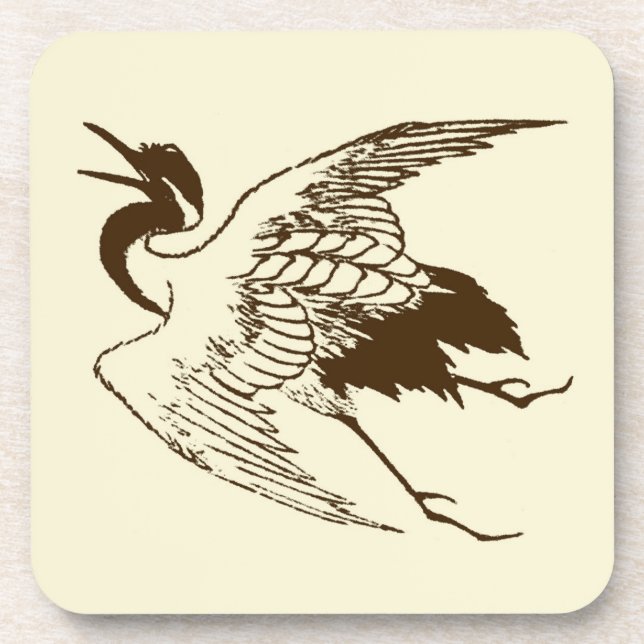 Vintage Japanese Drawing of a Crane, Brown Coaster (Front)