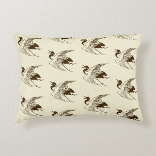 Vintage Japanese Drawing of a Crane, Brown Decorative Cushion