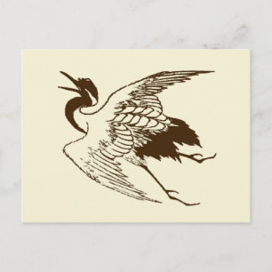 Vintage Japanese Drawing of a Crane, Brown Postcard