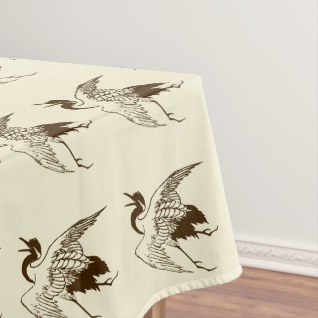 Vintage Japanese Drawing of a Crane, Brown Tablecloth (In Situ)