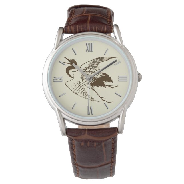 Vintage Japanese Drawing of a Crane, Brown Watch (Front)