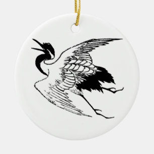 Vintage Japanese Drawing of a Crane Ceramic Tree Decoration