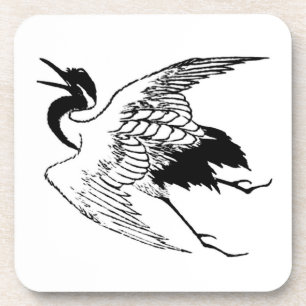 Vintage Japanese Drawing of a Crane Coaster