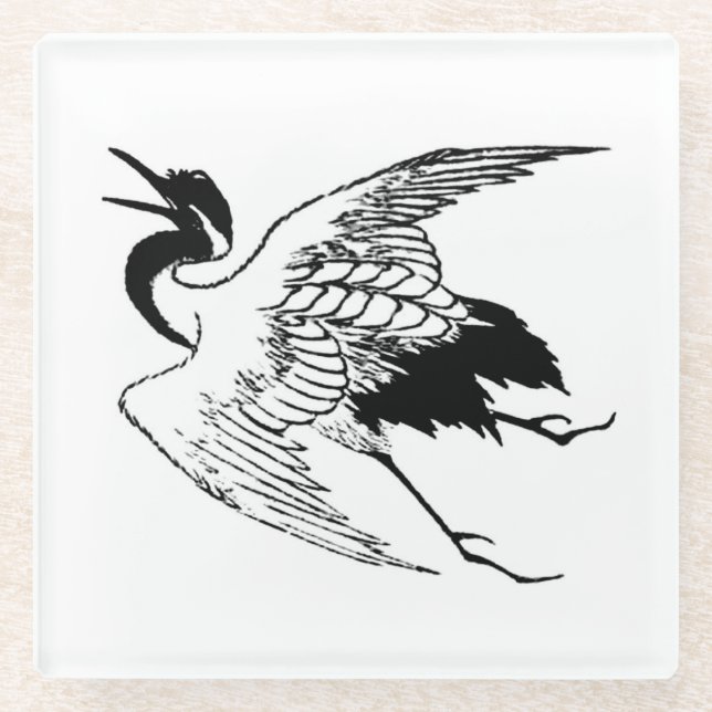Vintage Japanese Drawing of a Crane Glass Coaster (Front)