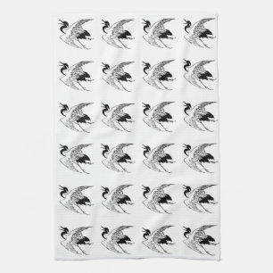 Vintage Japanese Drawing of a Crane Tea Towel