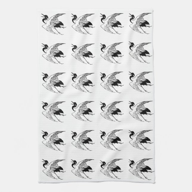 Vintage Japanese Drawing of a Crane Tea Towel (Vertical)