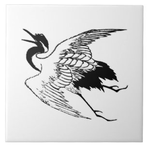 Vintage Japanese Drawing of a Crane Tile
