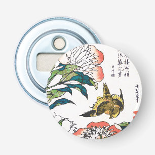 Vintage Japanese drawing, Peonies and Sparrow Bottle Opener