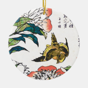 Vintage Japanese drawing, Peonies and Sparrow Ceramic Tree Decoration