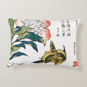Vintage Japanese drawing, Peonies and Sparrow Decorative Cushion