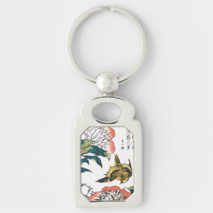 Vintage Japanese drawing, Peonies and Sparrow Key Ring