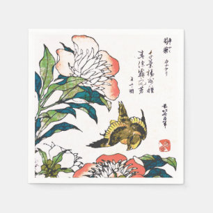 Vintage Japanese drawing, Peonies and Sparrow Napkin