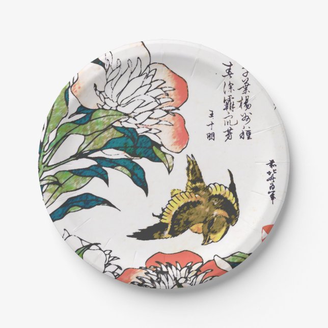 Vintage Japanese drawing, Peonies and Sparrow Paper Plate (Front)