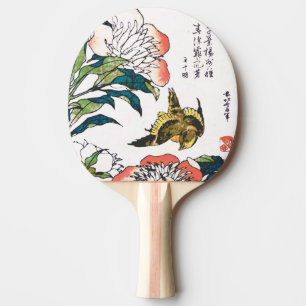 Vintage Japanese drawing, Peonies and Sparrow Ping Pong Paddle