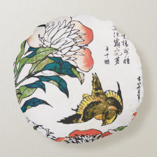 Vintage Japanese drawing, Peonies and Sparrow Round Cushion