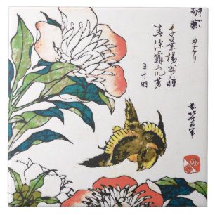 Vintage Japanese drawing, Peonies and Sparrow Tile