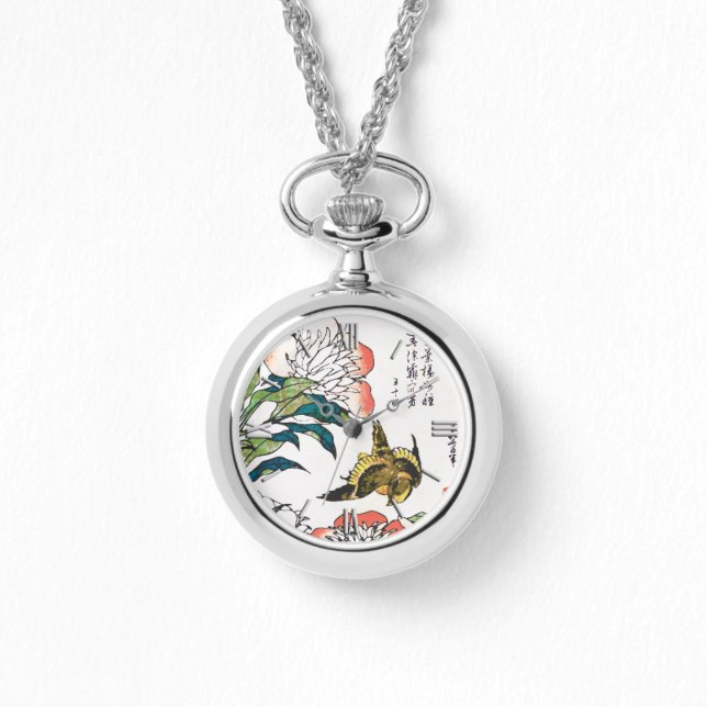 Vintage Japanese drawing, Peonies and Sparrow Watch (Front)