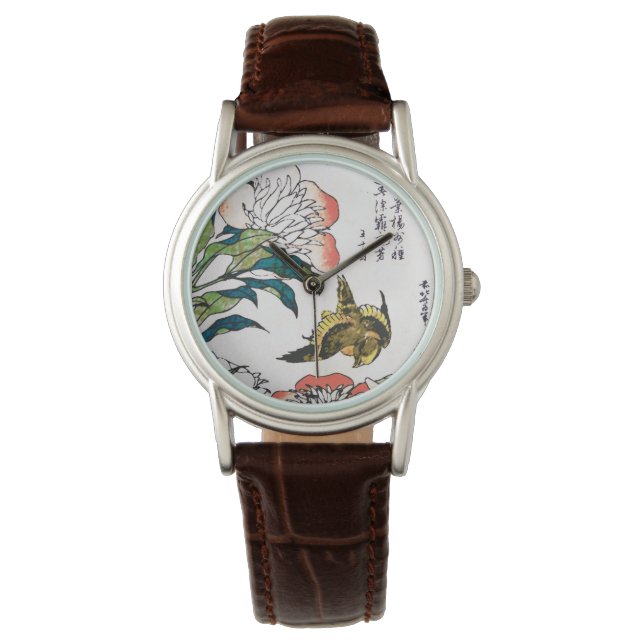 Vintage Japanese drawing, Peonies and Sparrow Watch (Front)