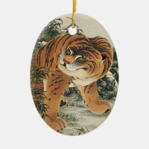 Vintage Japanese Edo Tiger in Bamboo Forest Art Ceramic Tree Decoration