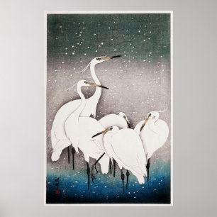 Vintage Japanese Egrets Illustration, Retro Poster