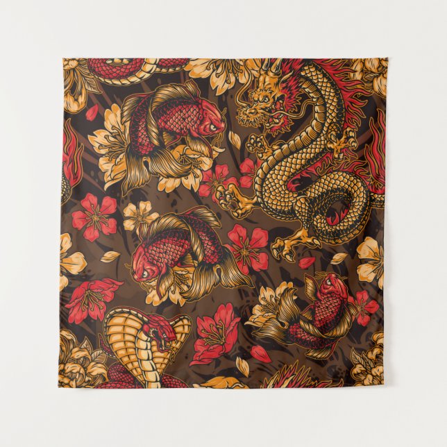 Vintage japanese elements seamless pattern with fa tapestry (Front)