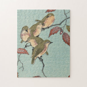 Vintage Japanese Fine Art Green Birds Jigsaw Puzzle