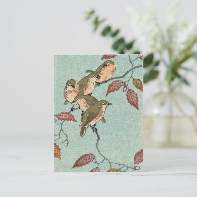 Vintage Japanese Fine art: Green Birds Postcard (Standing Front)