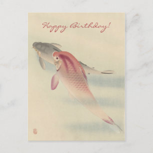 Vintage Japanese Fine Art: Koi Carp Fish Birthday Postcard