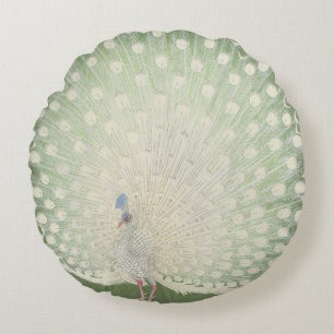 Vintage Japanese Fine Art   White Peacock Round Cushion