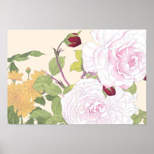 Vintage Japanese Floral Art Blush Pink Rose Poster