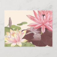 Vintage Japanese Floral Art Pink Lotus Pond