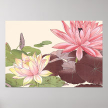 Vintage Japanese Floral Art Pink Lotus Pond
