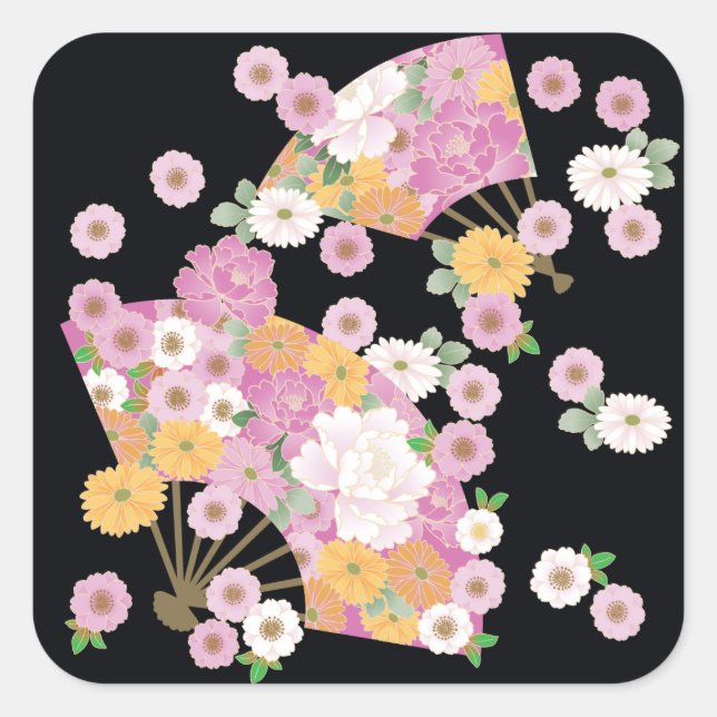Vintage Japanese Floral Fan Square Sticker (Front)
