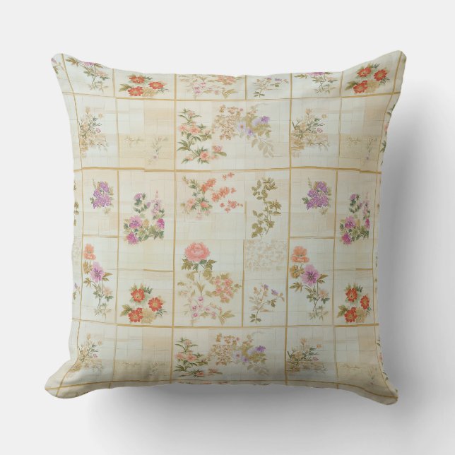 Vintage Japanese Floral Kimono Patchwork Cushion (Front)