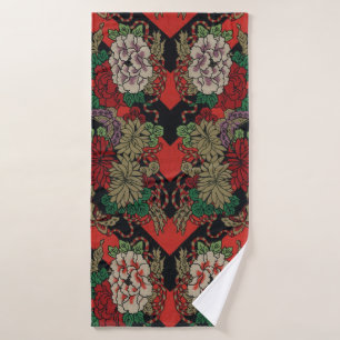 Vintage Japanese Floral Peony Red Black Pattern Bath Towel Set