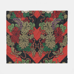 Vintage Japanese Floral Peony Red Black Pattern Fleece Blanket